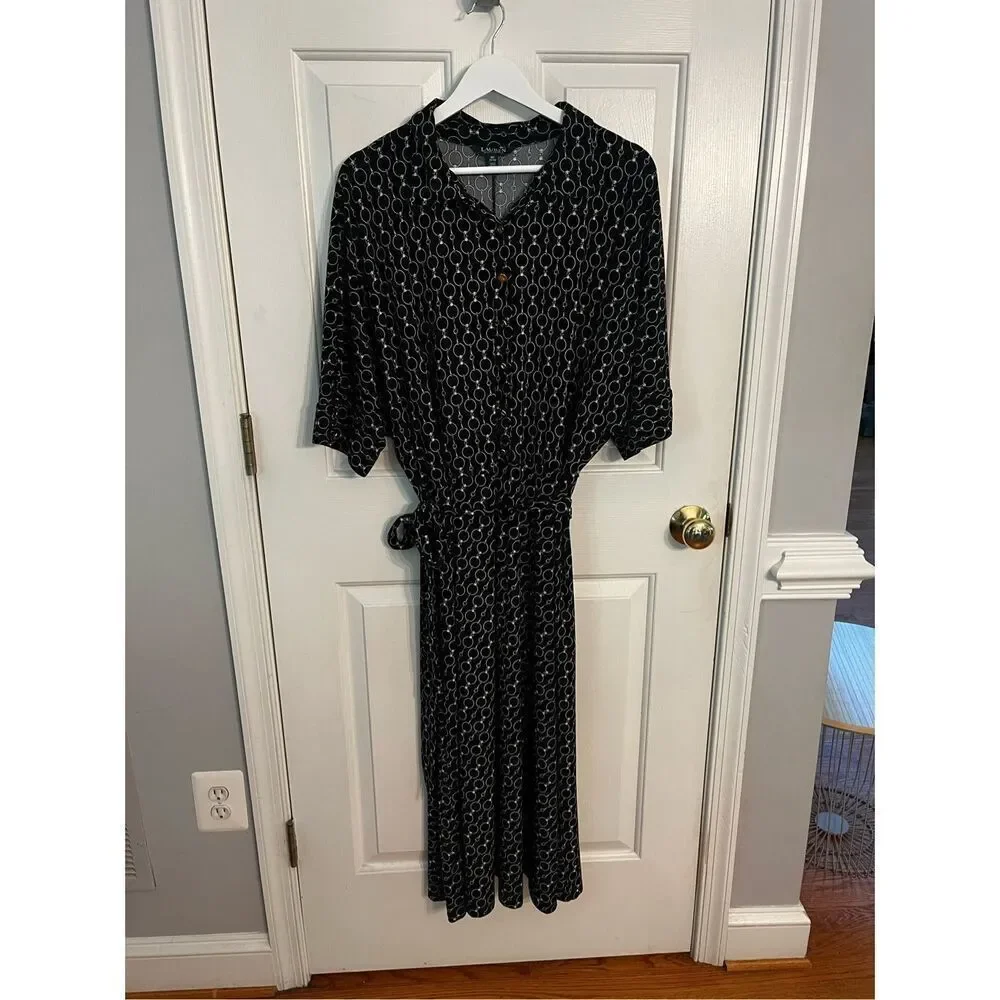 Lauren Ralph Lauren Black Equestrian Print 1/2 Button Belted Slinky Shirt Dress